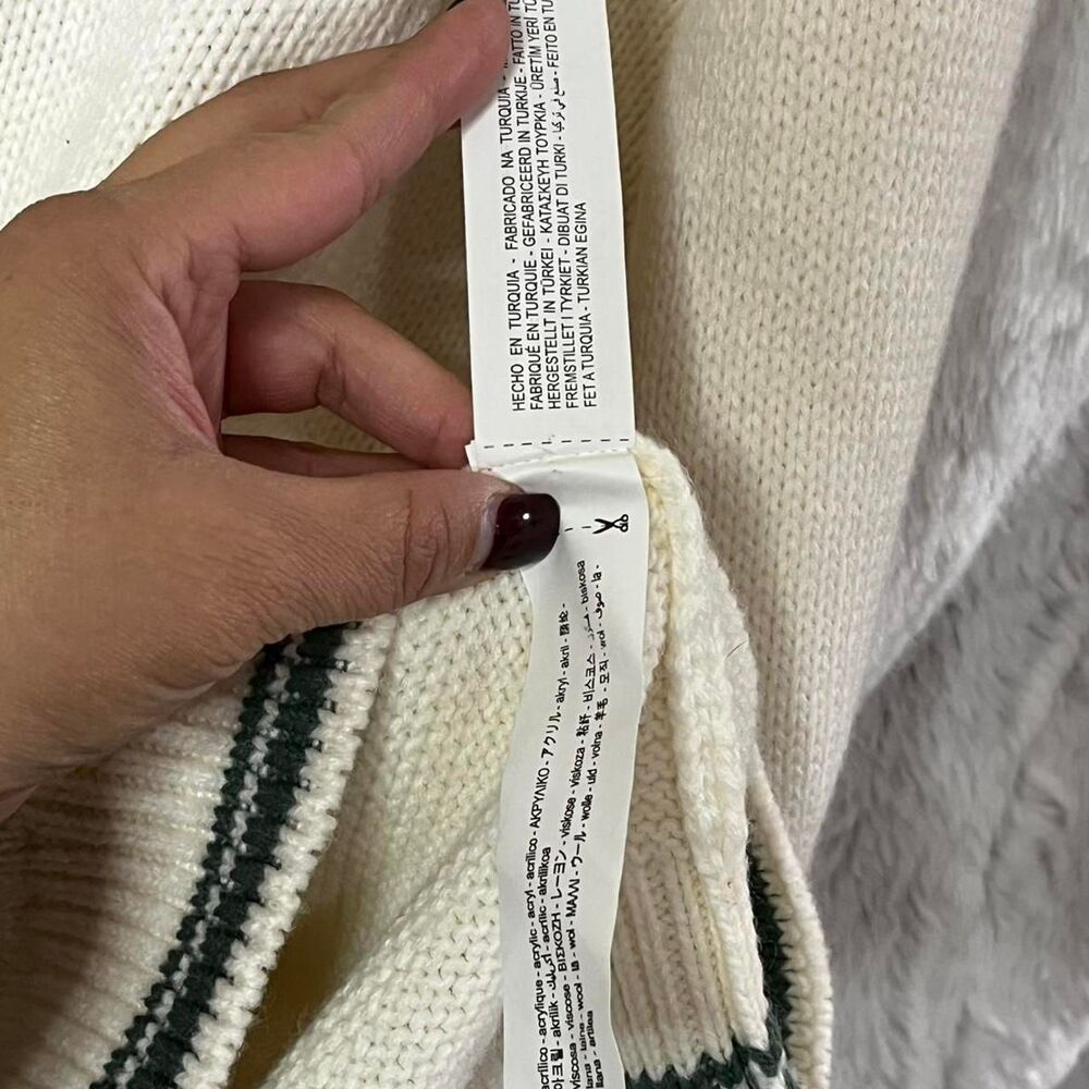 NWT ZARA SIZE LARGE Cream with green stripe trim TURTLENECK sweater - Picture 8 of 8